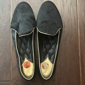 Brian Atwood Black and Gold Calf hair and leather Flats